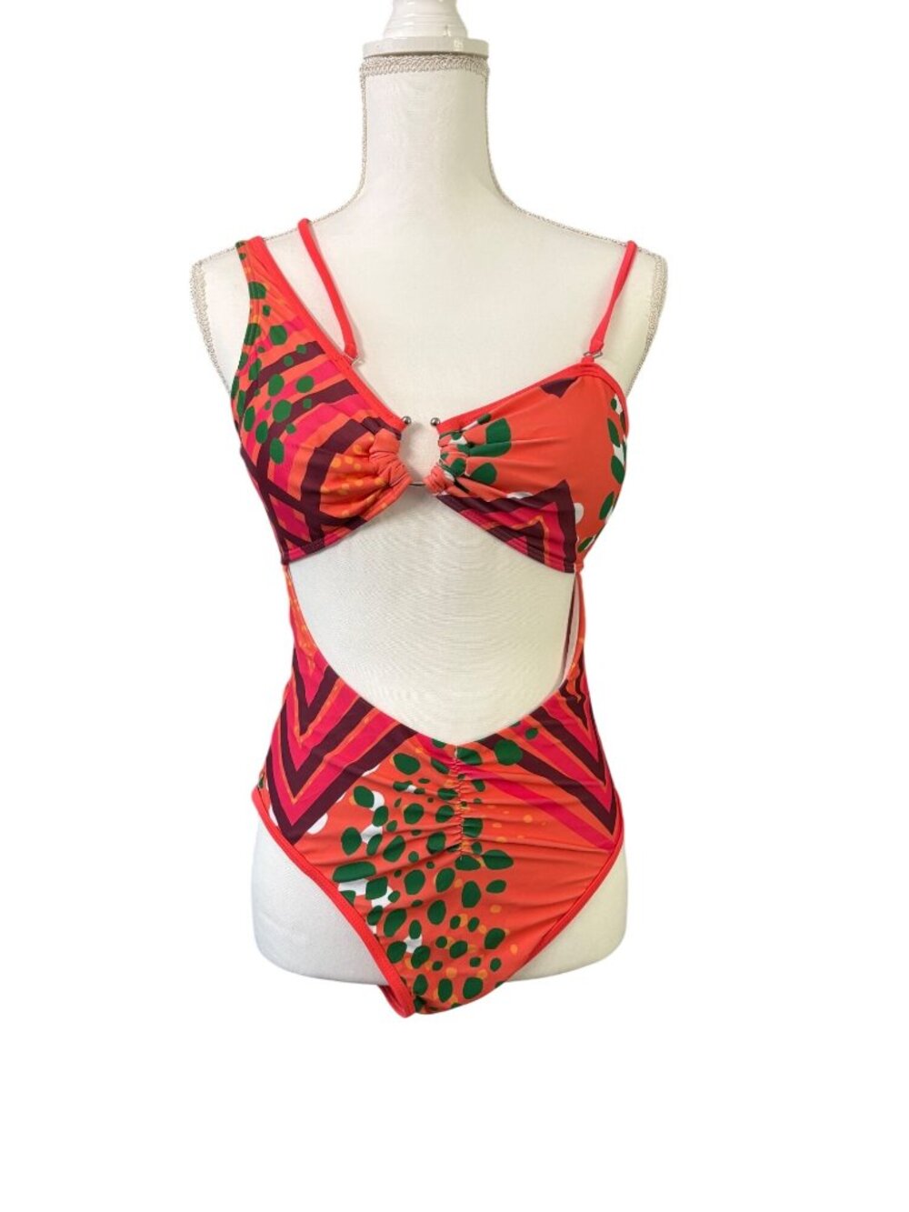Orange Multicolor Cutout One Piece Y2K Monokini Swimsuit Shein Womens Size L
